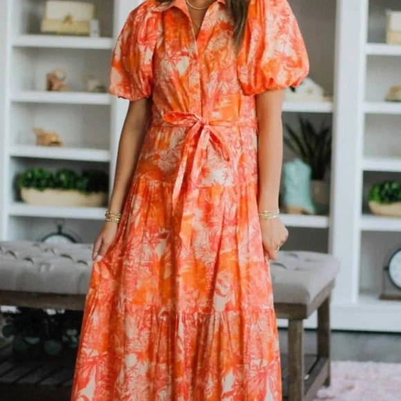 Orange Hawaiian puff sleeve maxi dress belted - Picture 1 of 4